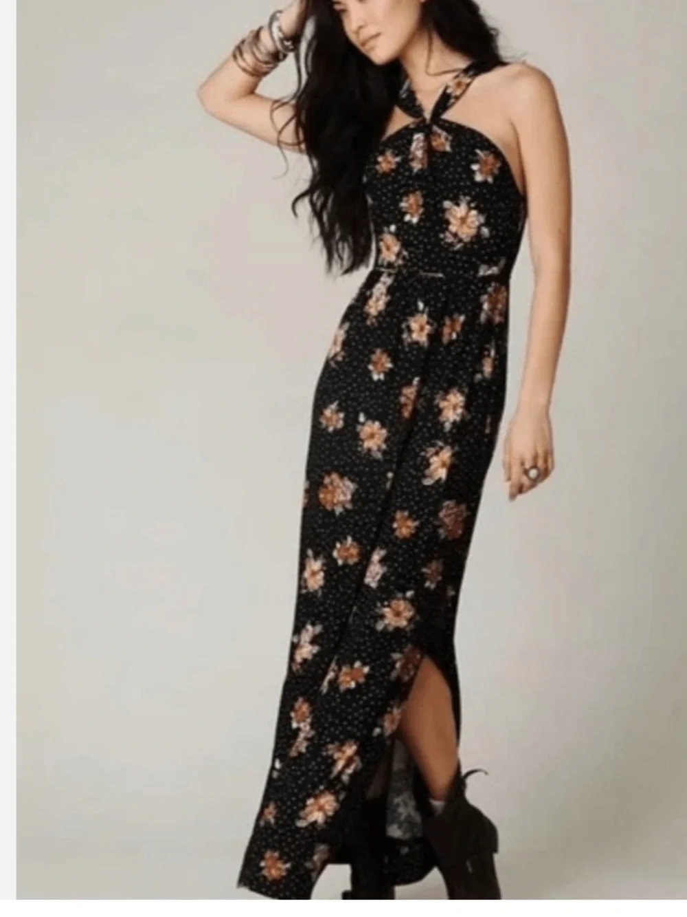 Free People Black Floral Maxi Dress with Orange & Cream Blooms